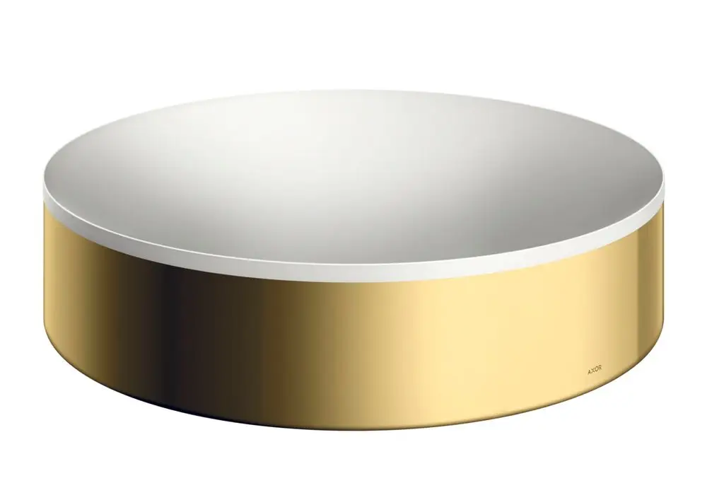 Runder Waschbeckenaufsatz in Polished Gold Optic von AXOR, mit glatter Oberflächenstruktur, ohne Hahnloch und Überlauf, auf einem weißen Hintergrund dargestellt.